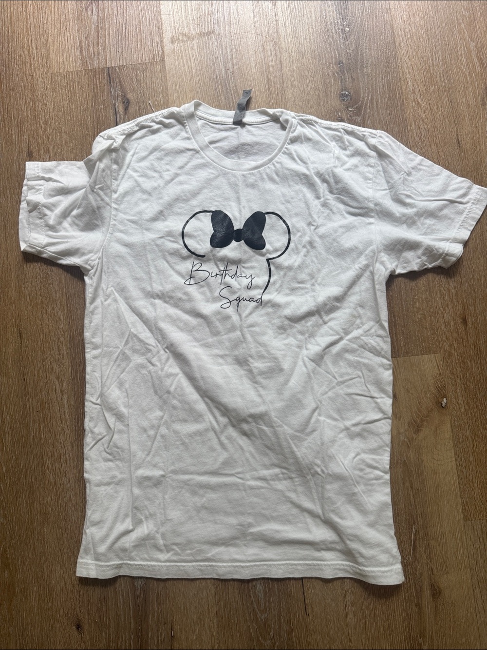 White "Birthday Squad" Graphic Tee with Black Minnie Bow